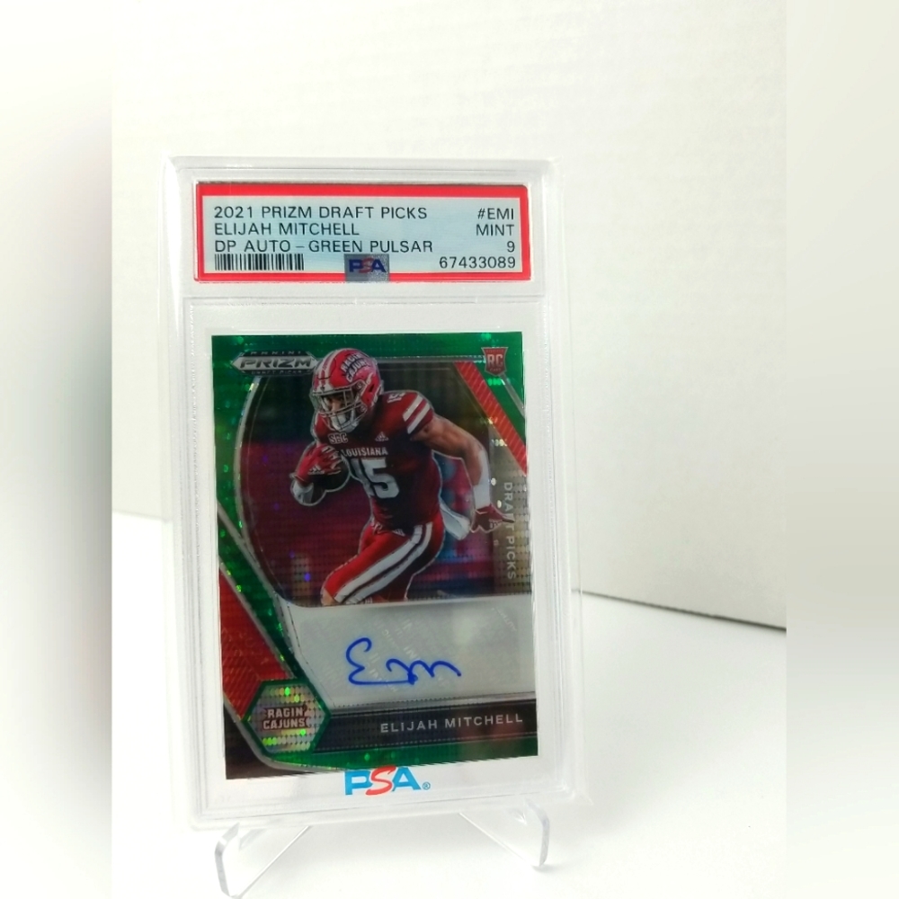 2021 Panini Prizm Draft Picks Elijah Mitchell RC Auto Green Pulsar/25 PSA 9 MINT